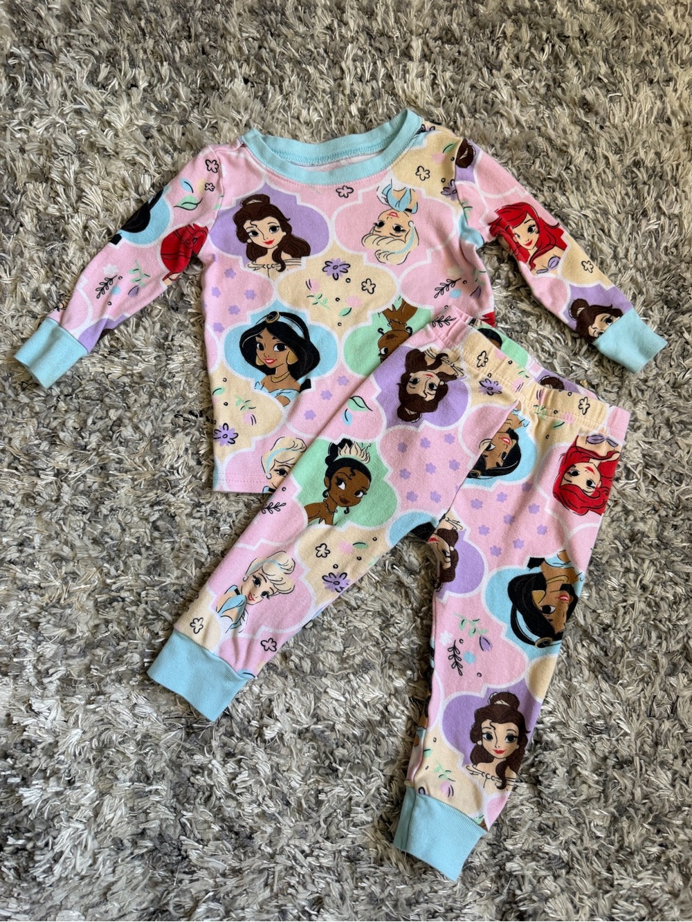 Disney Girls Pink Princess Pajama Set with Light Blue Trim